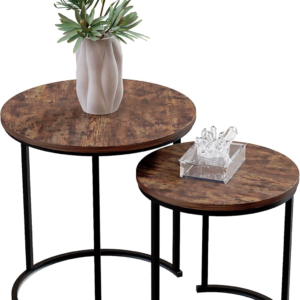 Brooklyn Nesting Round Tables Set – Modern Dark Wood Side Tables with Metal Frame for Living Room