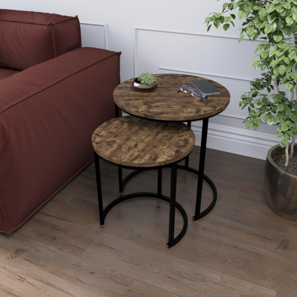 Brooklyn Nesting Round Tables Set – Modern Dark Wood Side Tables with Metal Frame for Living Room - Image 2