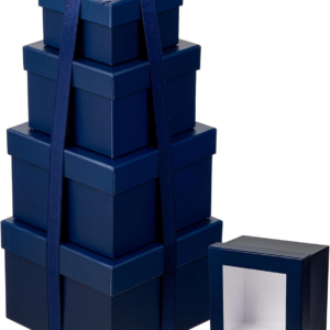 Set of 4 Square Gift Box with Ribbon, Blue Gift Boxes with Clear Lids