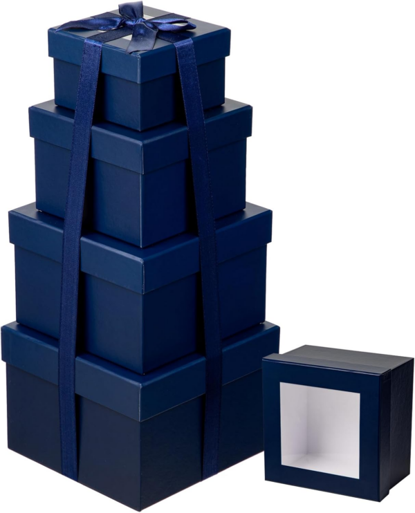 Set of 4 Square Gift Box with Ribbon, Blue Gift Boxes with Clear Lids