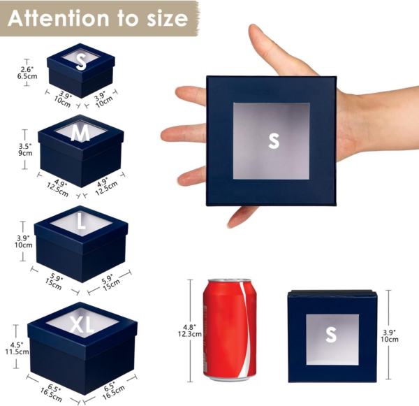 Set of 4 Square Gift Box with Ribbon, Blue Gift Boxes with Clear Lids - Image 3