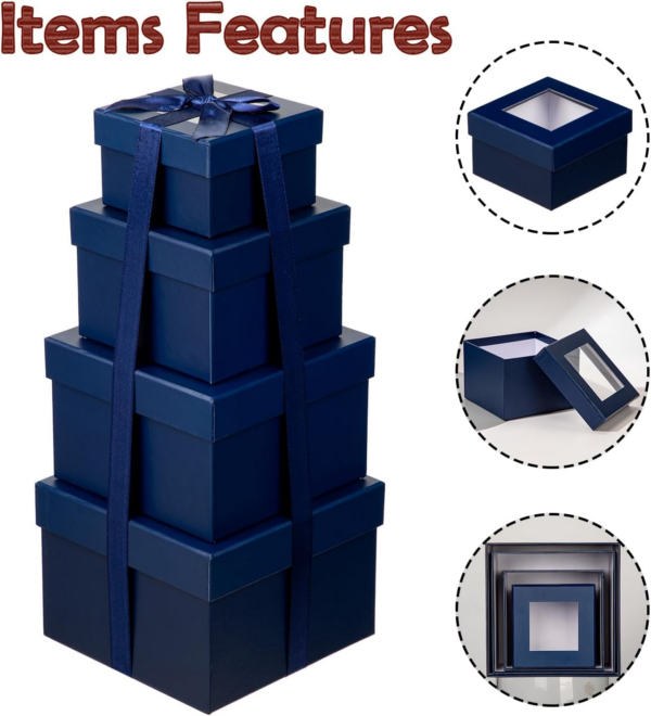Set of 4 Square Gift Box with Ribbon, Blue Gift Boxes with Clear Lids - Image 4