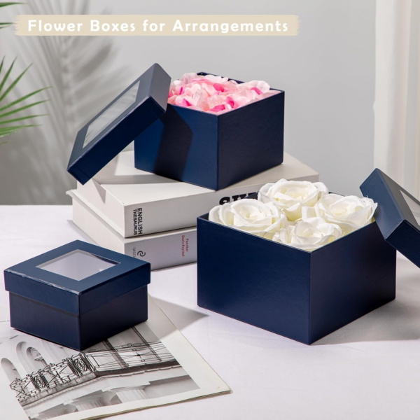 Set of 4 Square Gift Box with Ribbon, Blue Gift Boxes with Clear Lids - Image 5