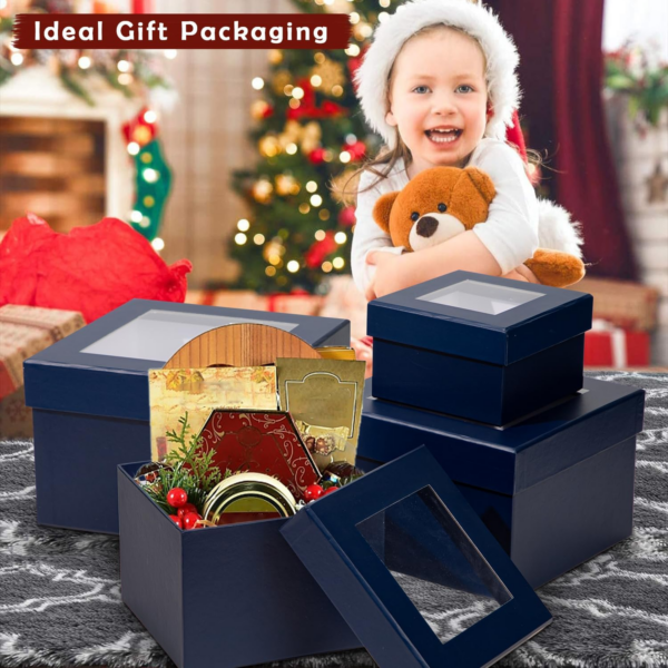 Set of 4 Square Gift Box with Ribbon, Blue Gift Boxes with Clear Lids - Image 6