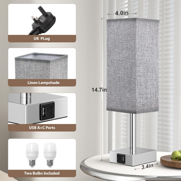 Touch Control Bedside Lamps Set of 2, Touch Lamps with USB-C+A Charging Ports - Image 7