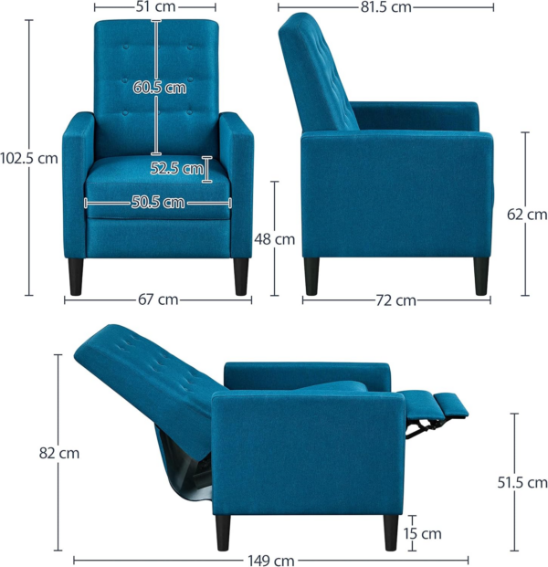 Blue Fabric Recliner Armchair Adjustable Reclining Chair - Image 5
