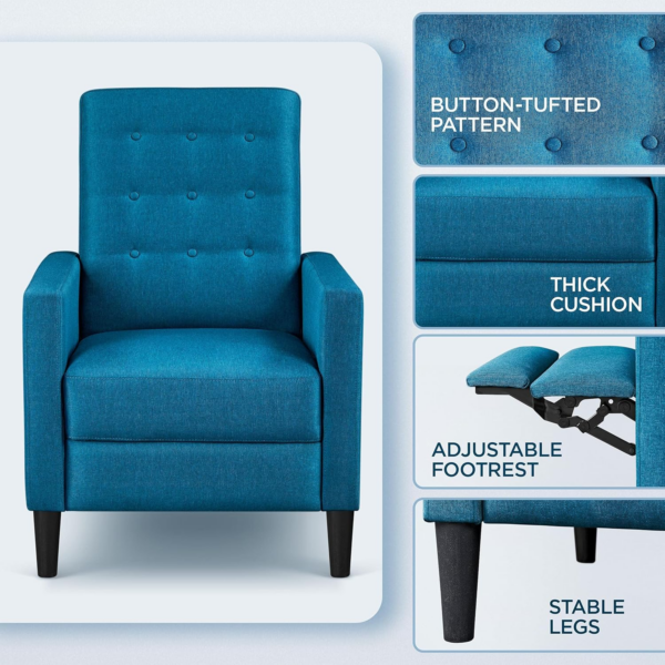 Blue Fabric Recliner Armchair Adjustable Reclining Chair - Image 3