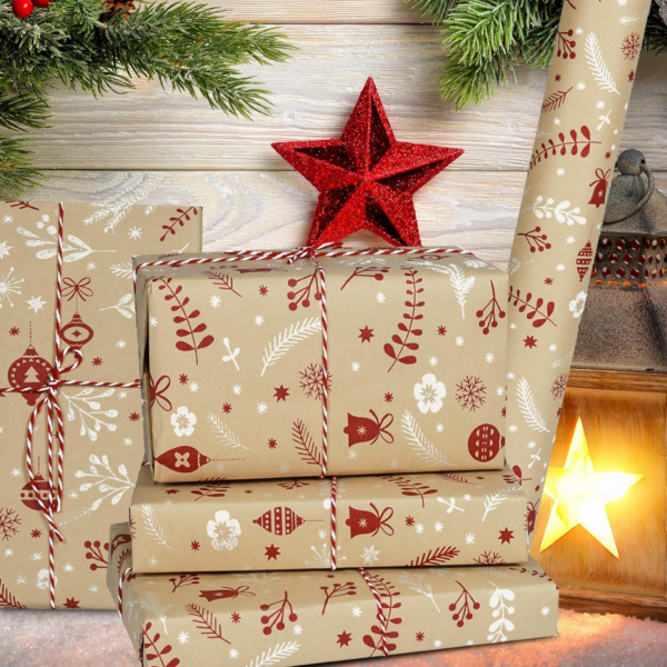 Christmas Wrapping Paper Roll, Recyclable Kraft Paper - Image 3