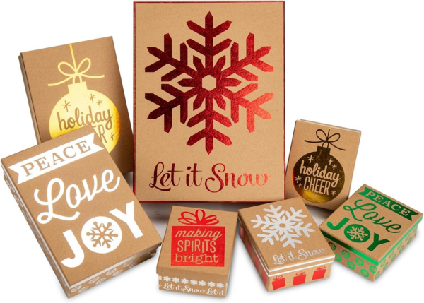 7PCS Christmas Rectangle Gift Boxes with Gold Stampings and Lids