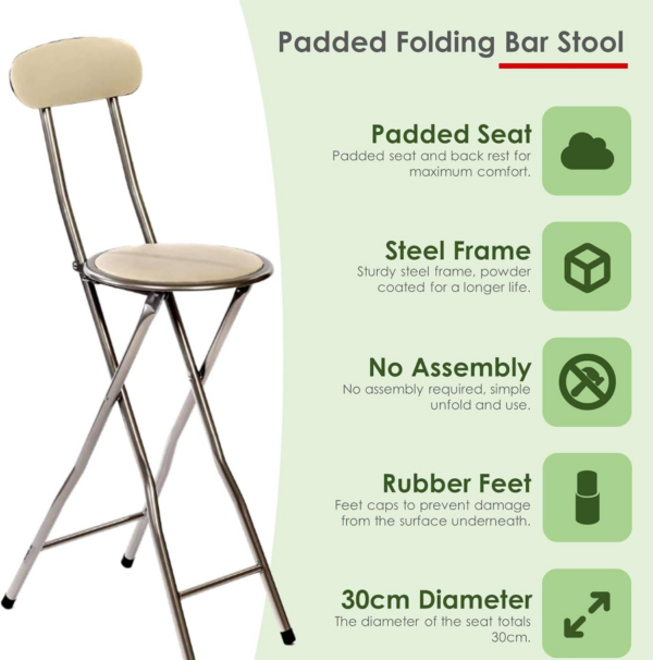White Padded Folding High Chair Breakfast Kitchen Bar Stool Seat - Image 6