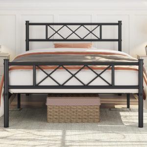 3ft Single Bed, Metal Bed Frame Mattress Foundation with Cross-design Headboard