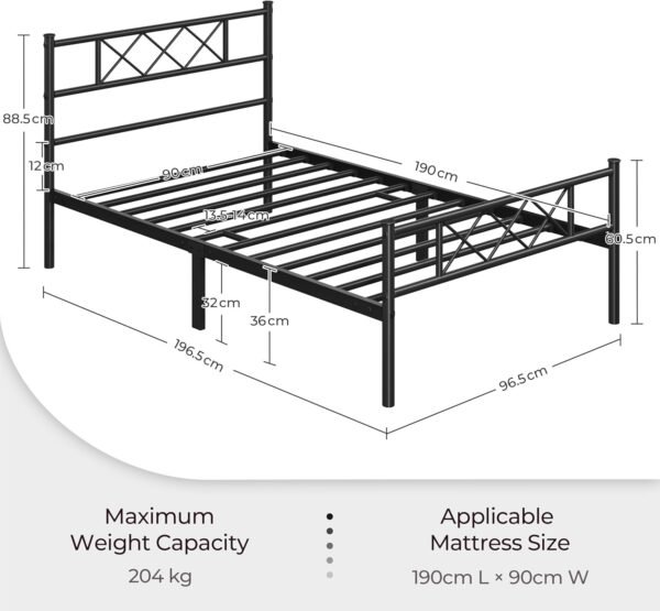 3ft Single Bed, Metal Bed Frame Mattress Foundation with Cross-design Headboard - Image 9