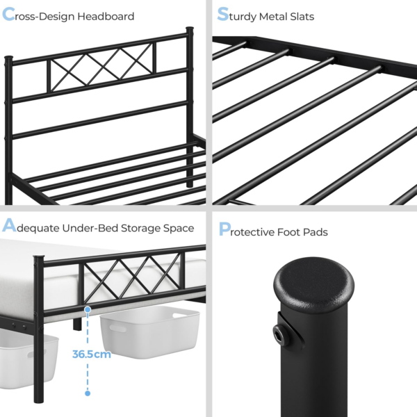3ft Single Bed, Metal Bed Frame Mattress Foundation with Cross-design Headboard - Image 7