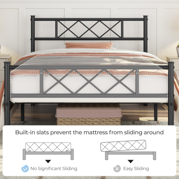3ft Single Bed, Metal Bed Frame Mattress Foundation with Cross-design Headboard - Image 2
