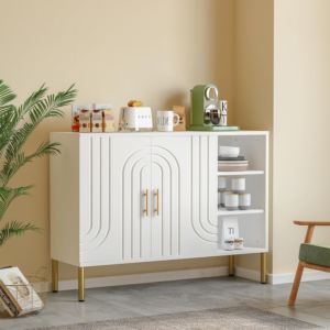 Versatile Sideboard with Curved Texture, Wooden Buffet Storage Cabinet with 2 Doors and 3 Tier Shelves