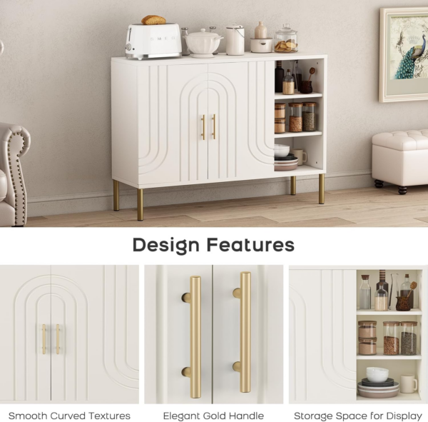 Versatile Sideboard with Curved Texture, Wooden Buffet Storage Cabinet with 2 Doors and 3 Tier Shelves - Image 7