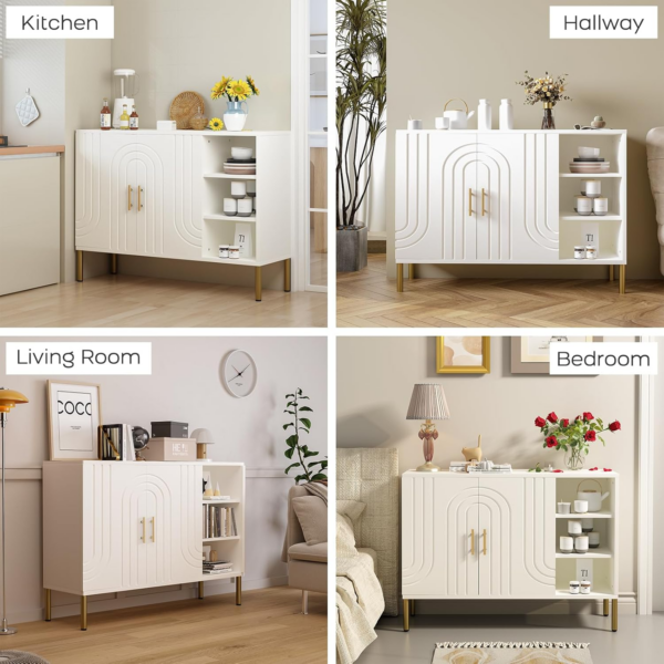 Versatile Sideboard with Curved Texture, Wooden Buffet Storage Cabinet with 2 Doors and 3 Tier Shelves - Image 4