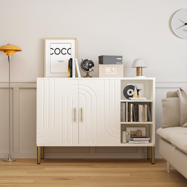 Versatile Sideboard with Curved Texture, Wooden Buffet Storage Cabinet with 2 Doors and 3 Tier Shelves - Image 3