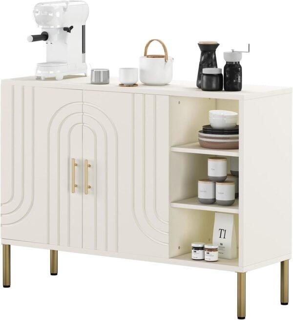 Versatile Sideboard with Curved Texture, Wooden Buffet Storage Cabinet with 2 Doors and 3 Tier Shelves - Image 2