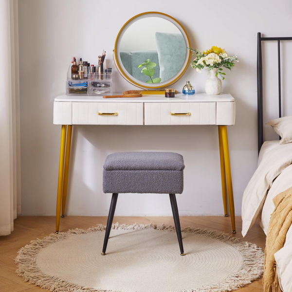 Stool Chair for Dressing Table, Faux Teddy Fur Vanity Stool with Storage - Image 8