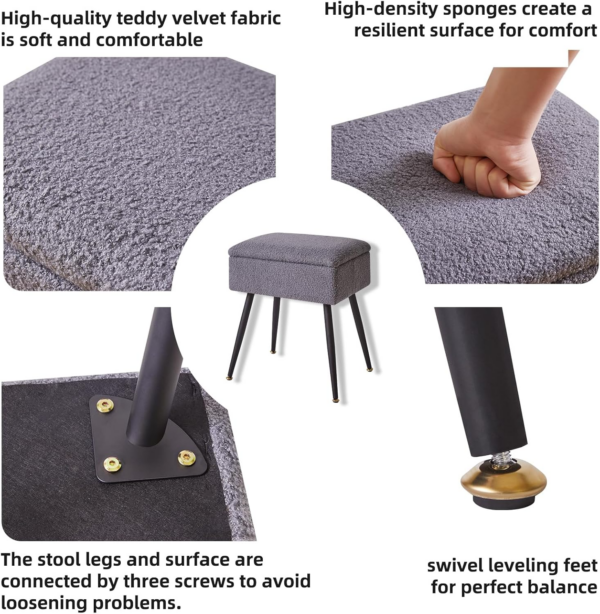 Stool Chair for Dressing Table, Faux Teddy Fur Vanity Stool with Storage - Image 4