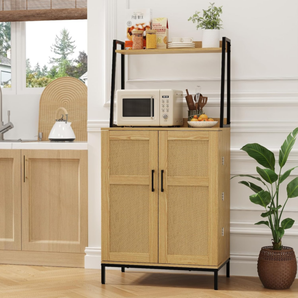 Kitchen Pantry Storage Cabinet with Rattan Doors & Adjustable Shelves - Image 8