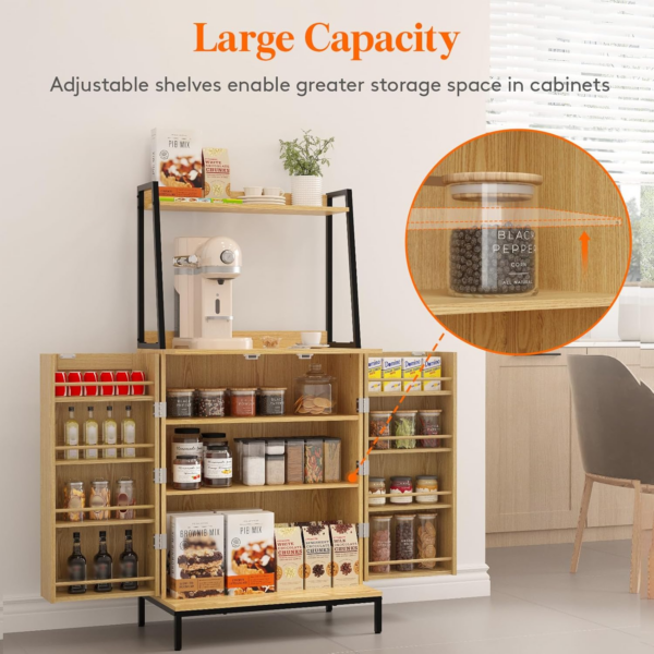 Kitchen Pantry Storage Cabinet with Rattan Doors & Adjustable Shelves - Image 7