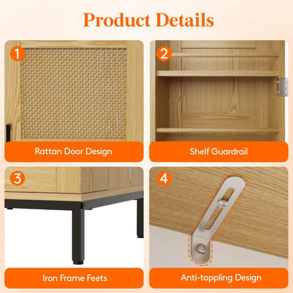 Kitchen Pantry Storage Cabinet with Rattan Doors & Adjustable Shelves - Image 4