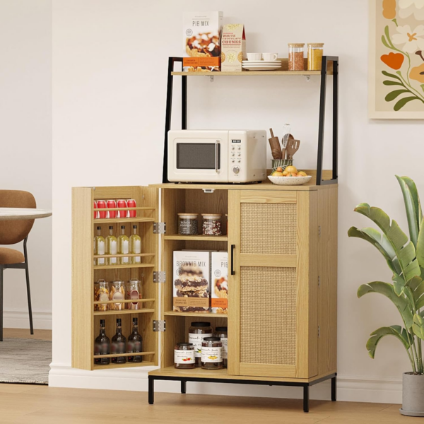 Kitchen Pantry Storage Cabinet with Rattan Doors & Adjustable Shelves - Image 3