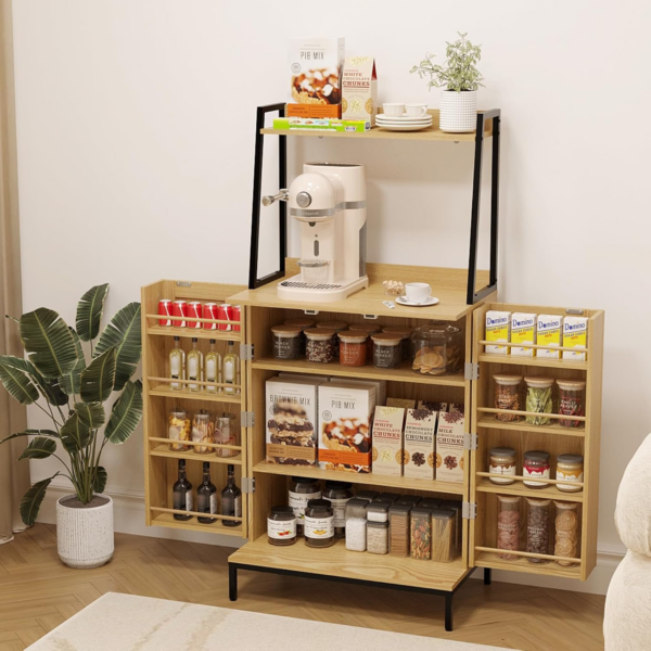 Kitchen Pantry Storage Cabinet with Rattan Doors & Adjustable Shelves - Image 2