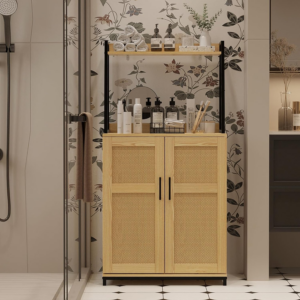 Kitchen Pantry Storage Cabinet with Rattan Doors & Adjustable Shelves