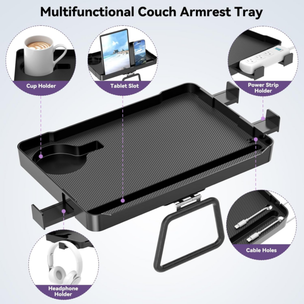 Couch Arm Tray - 5-in-1 Large Capacity Armrest Clip Tray Table with Cup Holder - Image 7