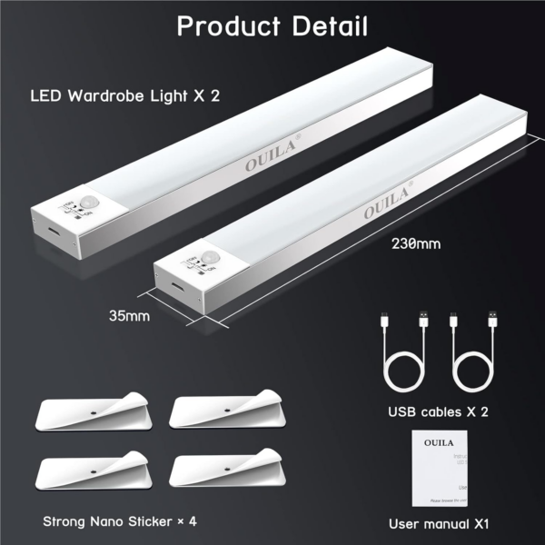 Motion Sensor Wardrobe Light, 3000K USB Rechargeable 1000mAh Under Cabinet Lights Wireless Night Light - Image 2