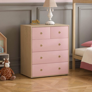 5 Drawer Chest of Drawers Cabinet Storage Modern Bedroom Children's Kids Furniture (Pink & Oak)