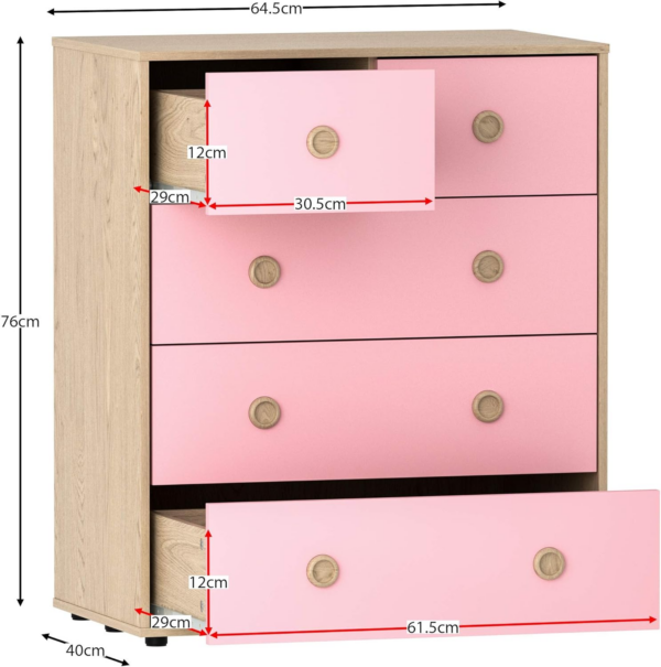 5 Drawer Chest of Drawers Cabinet Storage Modern Bedroom Children's Kids Furniture (Pink & Oak) - Image 6
