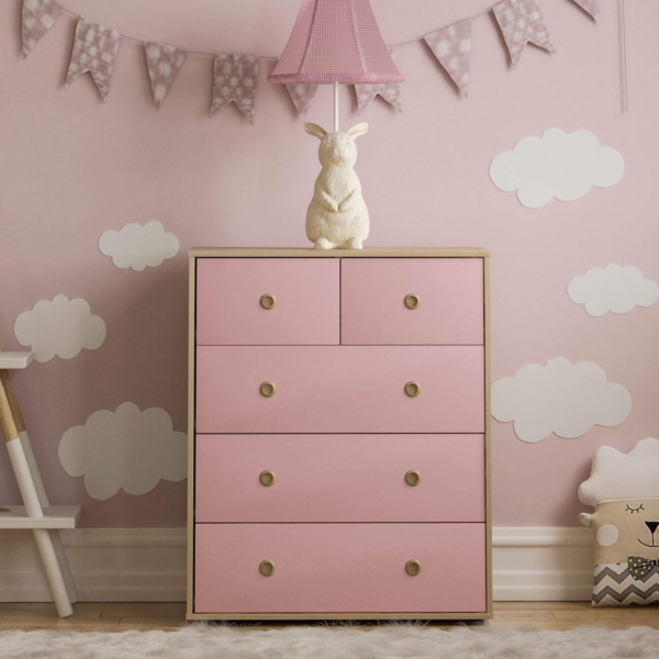 5 Drawer Chest of Drawers Cabinet Storage Modern Bedroom Children's Kids Furniture (Pink & Oak) - Image 5