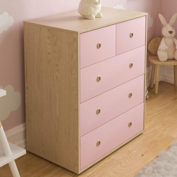 5 Drawer Chest of Drawers Cabinet Storage Modern Bedroom Children's Kids Furniture (Pink & Oak) - Image 4