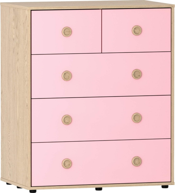 5 Drawer Chest of Drawers Cabinet Storage Modern Bedroom Children's Kids Furniture (Pink & Oak) - Image 3