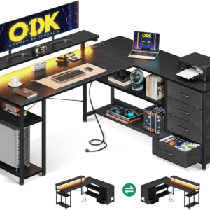 Corner Desk with Drawers, L Shaped Gaming Desk with LED Lights & Power Outlets