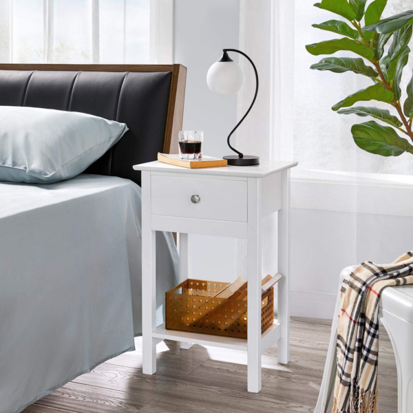 White Bedside Tables, Set 2 Bedside Cabinets with Drawer and Open Shelf - Image 4