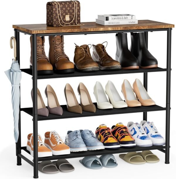 Shoe Rack, 4-Tier Shoe Storage Shelves with Wooden Top - Image 7