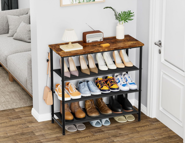 Shoe Rack, 4-Tier Shoe Storage Shelves with Wooden Top - Image 3