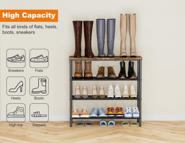 Shoe Rack, 4-Tier Shoe Storage Shelves with Wooden Top - Image 2