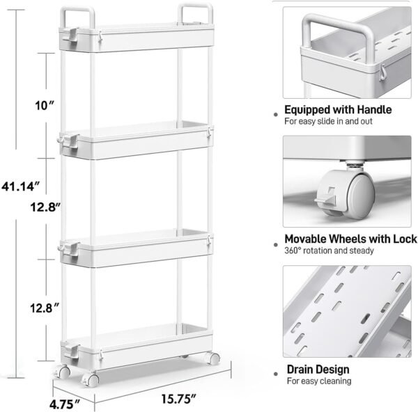 4-Tier Storage Trolley Cart Slide-out Slim Rolling Utility Cart Mobile Storage Shelving Organizer - Image 4