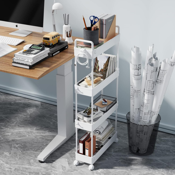 4-Tier Storage Trolley Cart Slide-out Slim Rolling Utility Cart Mobile Storage Shelving Organizer - Image 2