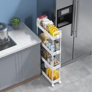 4-Tier Storage Trolley Cart Slide-out Slim Rolling Utility Cart Mobile Storage Shelving Organizer