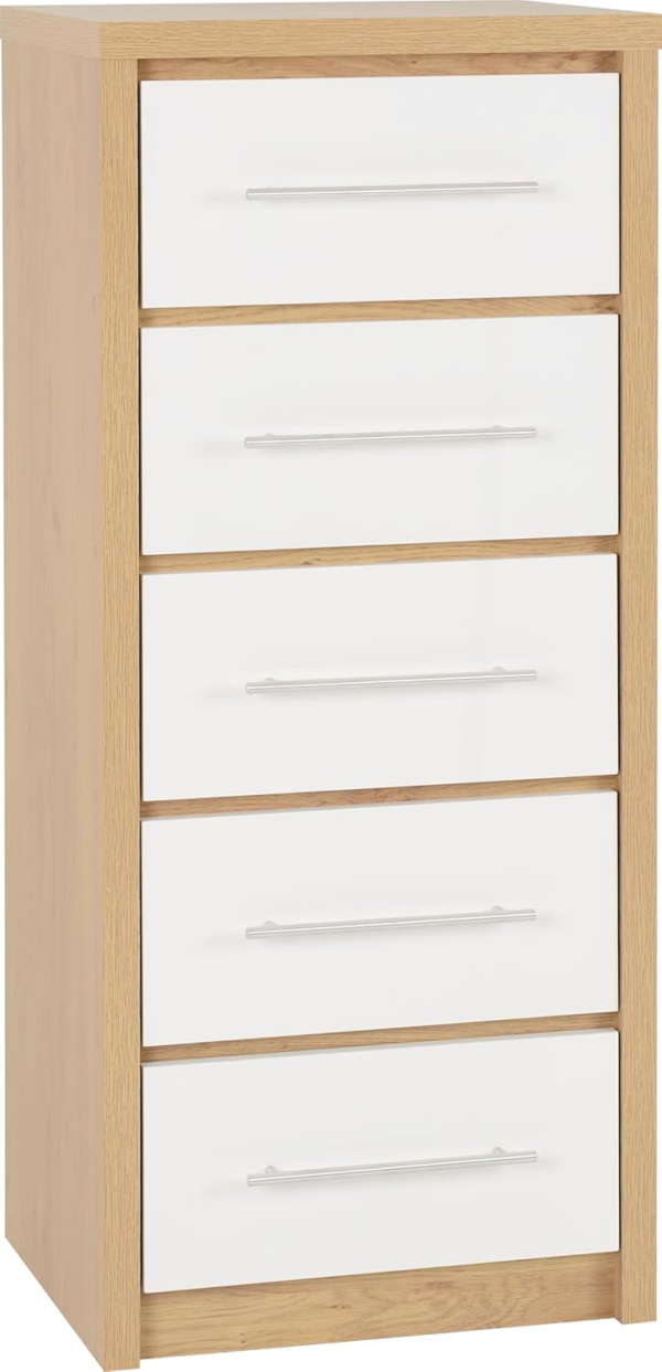 Seville 5 Drawer Narrow Chest in White Gloss/Light Oak Effect Veneer
