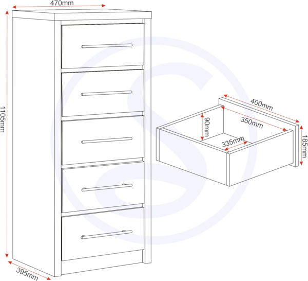 Seville 5 Drawer Narrow Chest in White Gloss/Light Oak Effect Veneer - Image 4