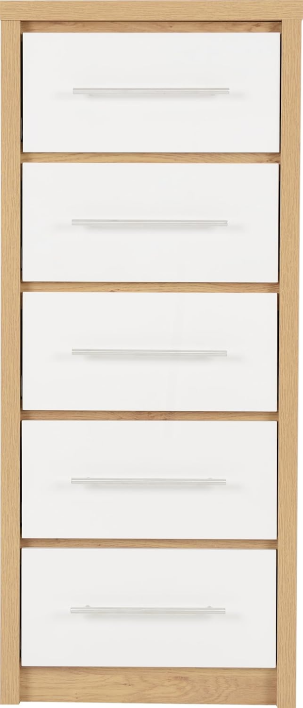 Seville 5 Drawer Narrow Chest in White Gloss/Light Oak Effect Veneer - Image 3