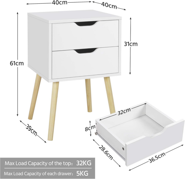 White Bedside Tables Set of 2, Wooden Nightstands with Solid Wood Legs - Image 7